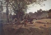 Paysans sous les arbres au soleil levant (mk11) Jean Baptiste Camille  Corot